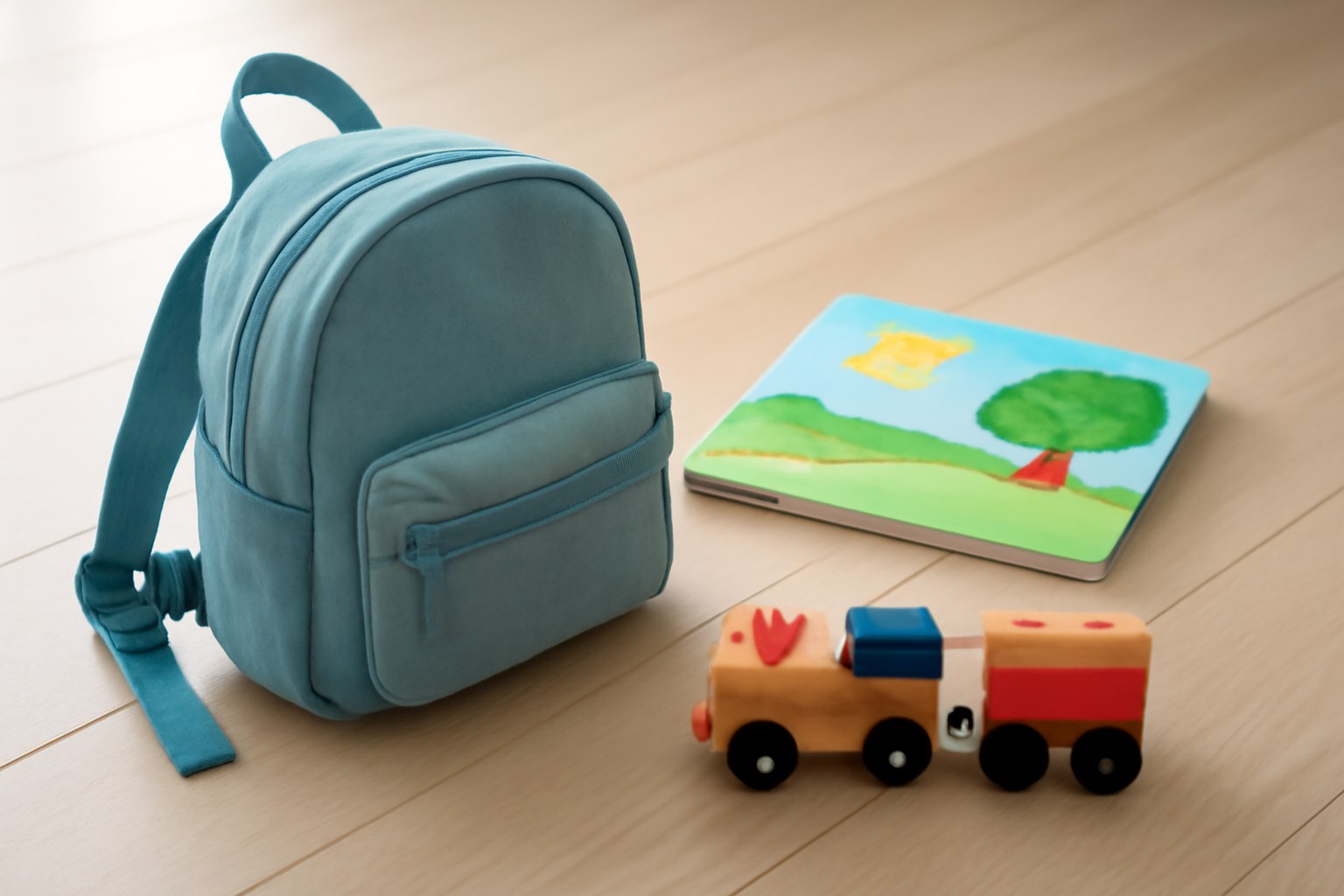 子ども用のリュックと絵本、木のおもちゃの電車（AIで作成したイメージ）