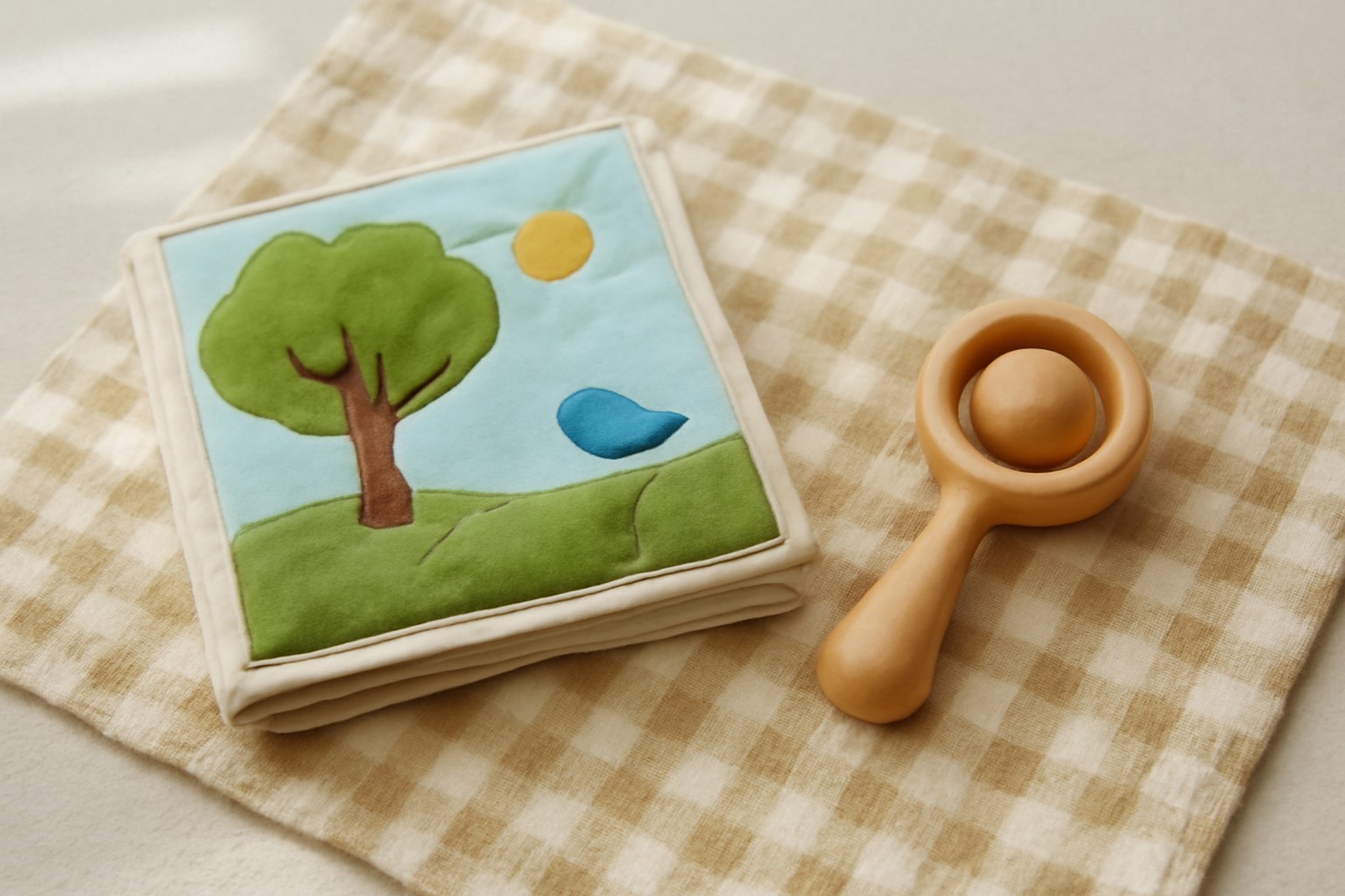 布の絵本と木のがらがら(AIで作成したイメージ)