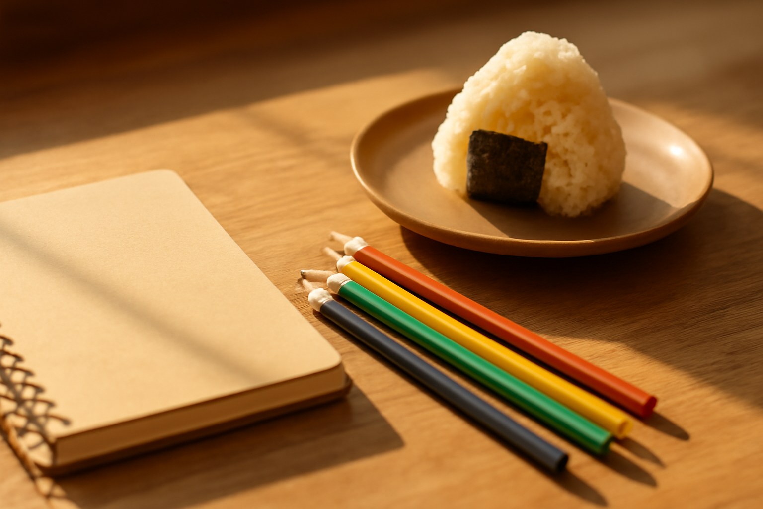 机の上のノートと色えんぴつ、おにぎり(AIで作成したイメージ)