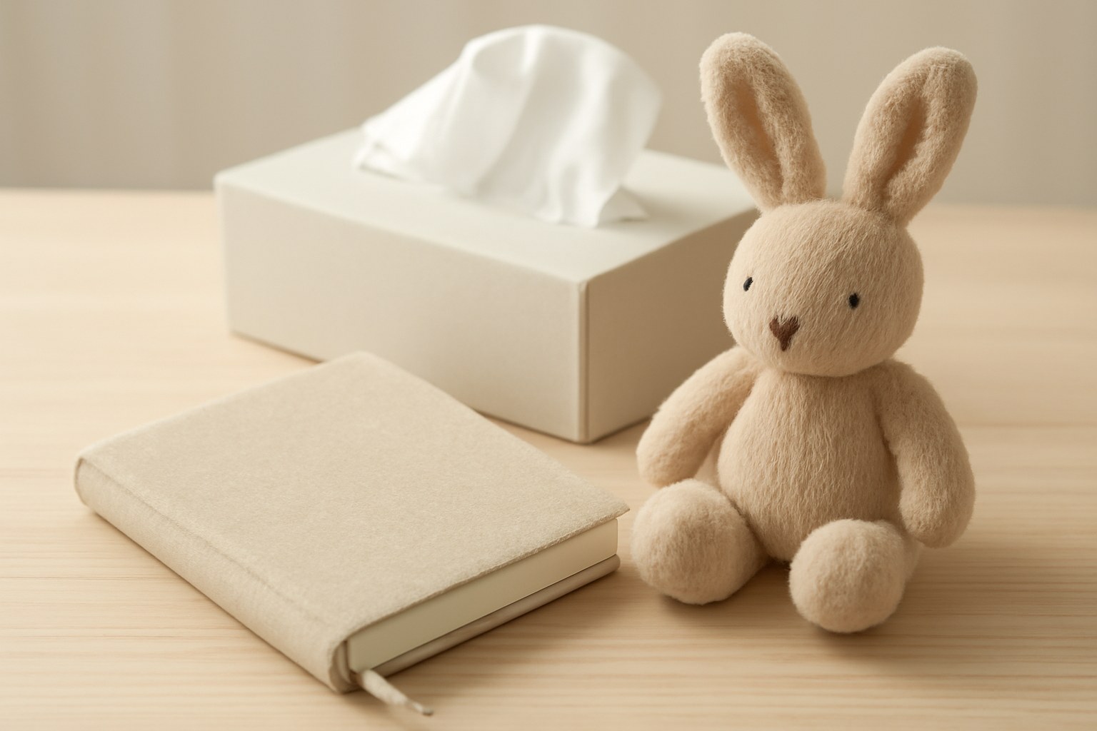 手帳とうさぎのぬいぐるみ、ティッシュの箱(AIで作成したイメージ)