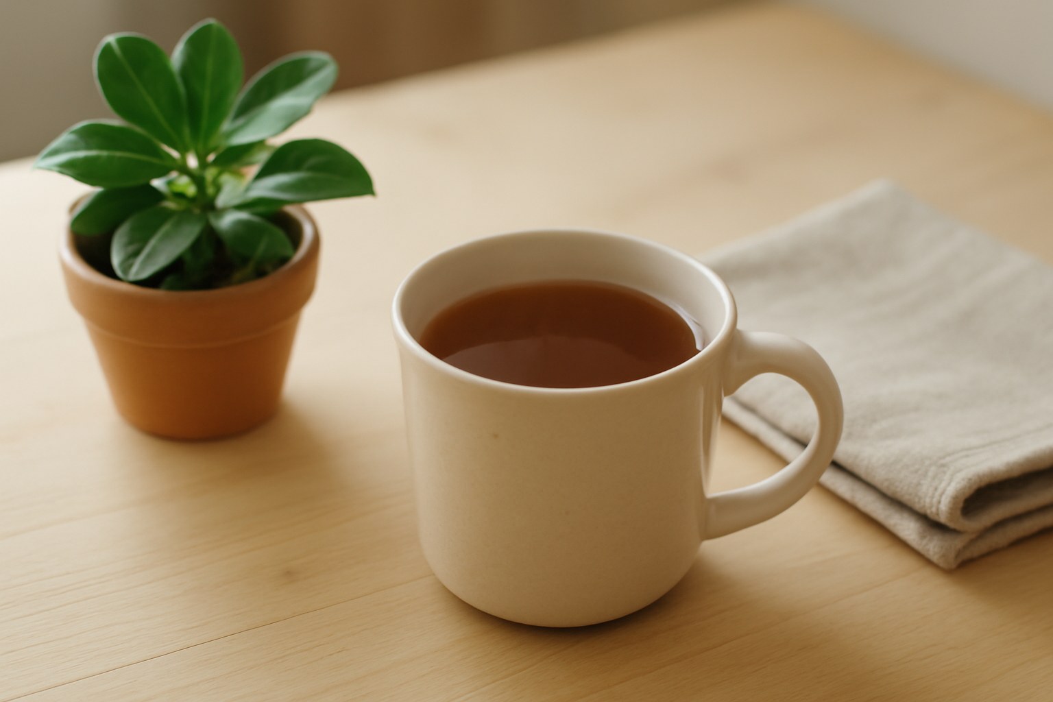 マグカップのお茶と観葉植物(AIで作成したイメージ)