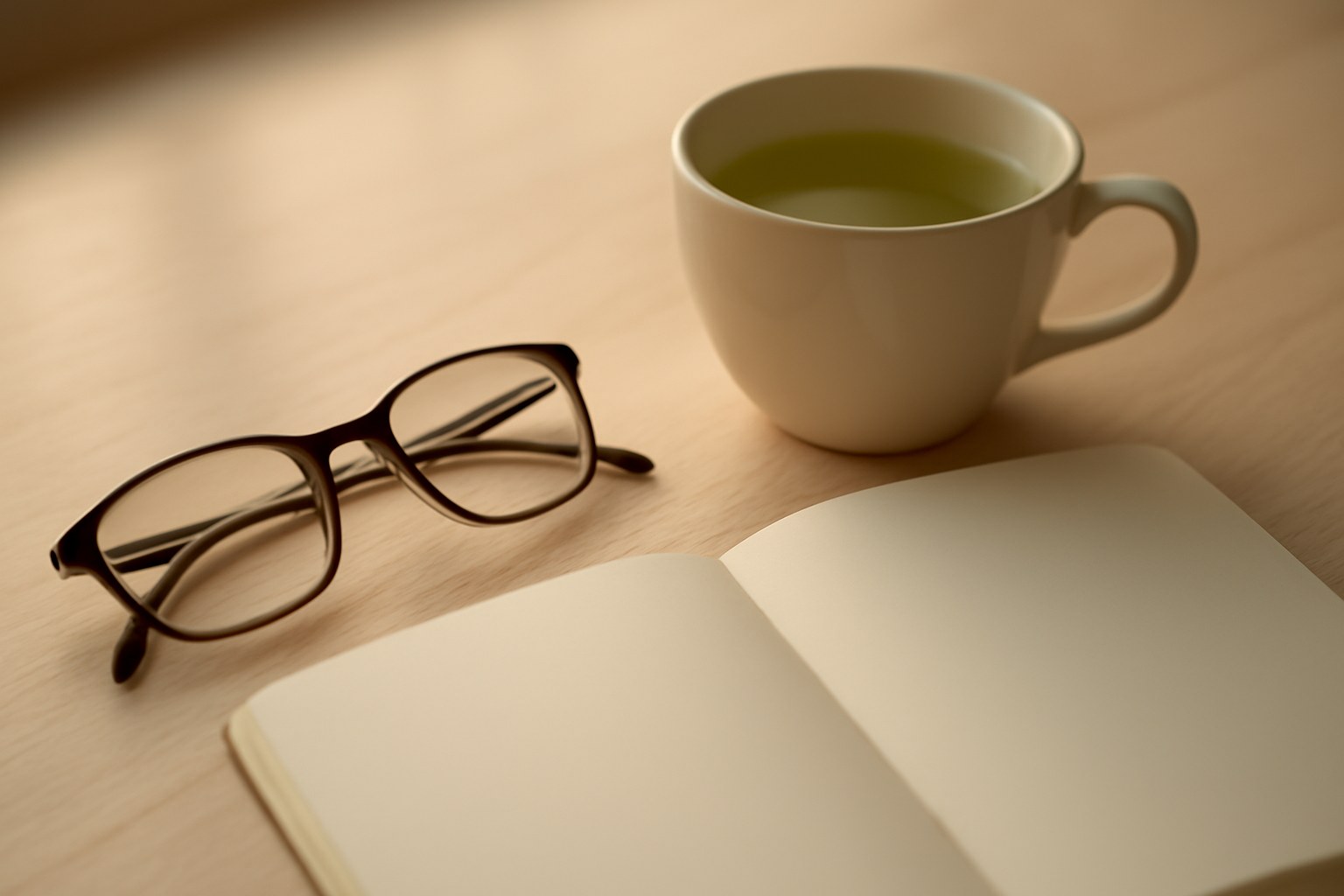 老眼鏡とお茶、ノート（AIで作成したイメージ）
