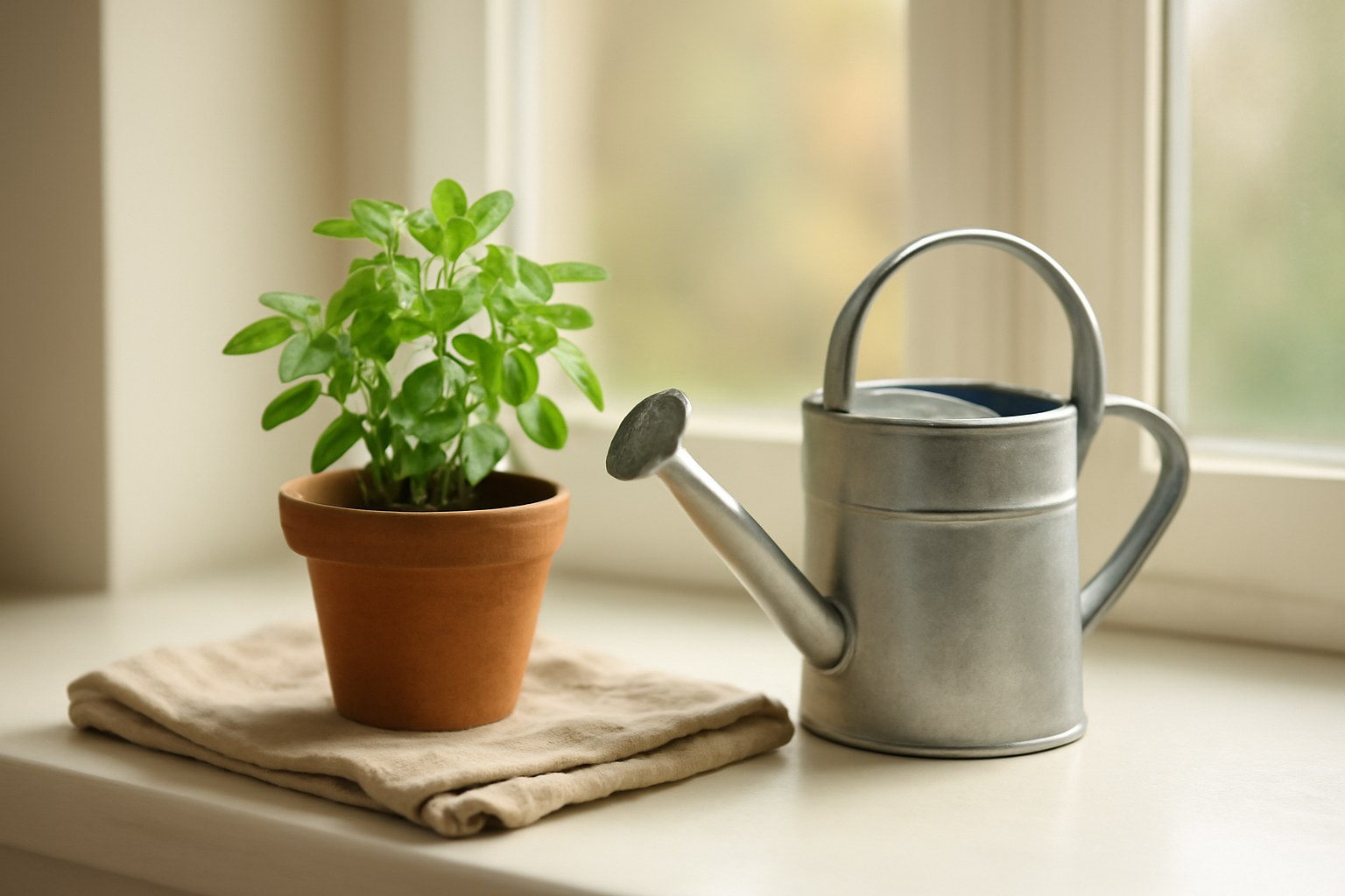 窓辺の鉢植えとじょうろ(AIで作成したイメージ)